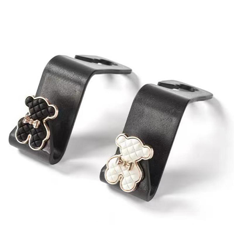 Car Seat Back Hooks Diamond Camellia Flowers Decor Cute Cartoon Bears Car Interior Storage Hook Handbag Hanging Holder