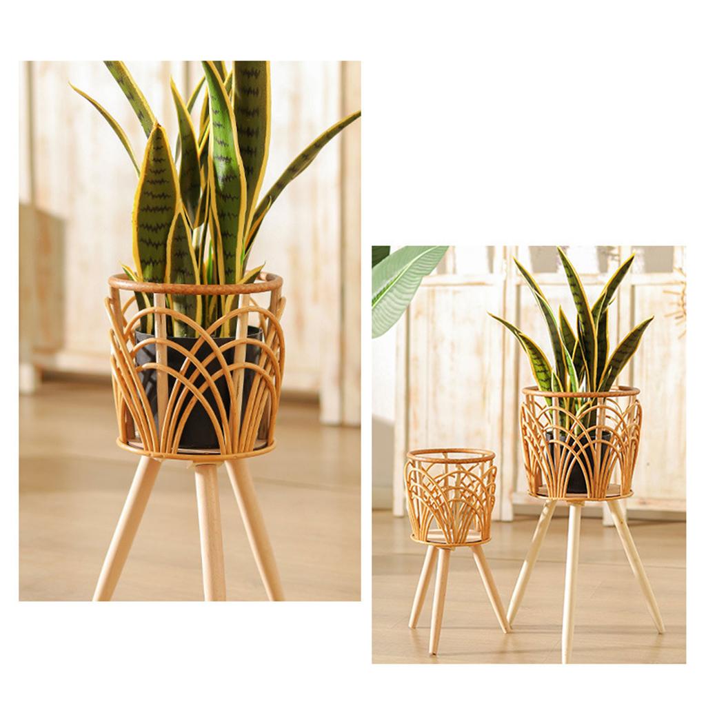 Handmade Braid Artificial Rattan Plastic Flower Pot with Stand Plant Storage Stand DIY Nursery Pots Home Decorations
