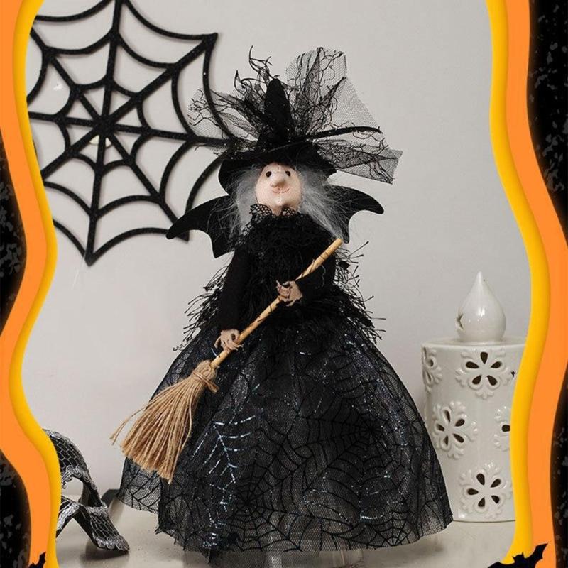 Halloween Witch Doll Desktop Decorations Witch Tree Toppers for Holiday Party Home Decor Witches with Spiders Web Dress