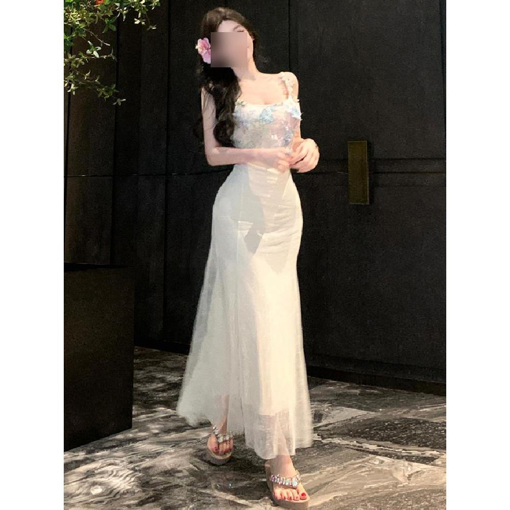 Resort style mesh patchwork receives waist bag hip long skirt gentle temperament flower slip dress