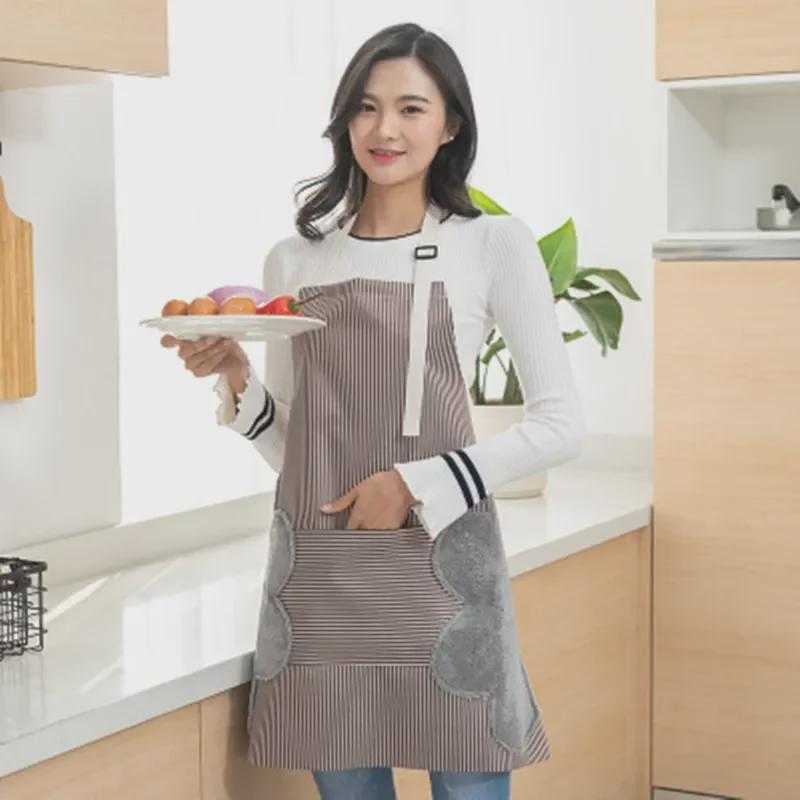 Waterproof Striped Kitchen Apron with Hand Wiping Feature