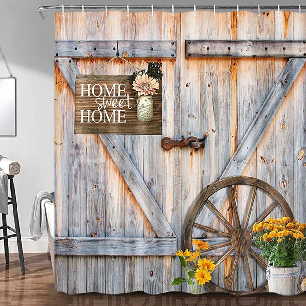 

Rustic Barn Door Shower Curtain - Farmhouse Vintage Wood Plank Design Waterproof Fabric Bathroom Decor With Hooks,Country Style W60H190(CM)-1 Pcs