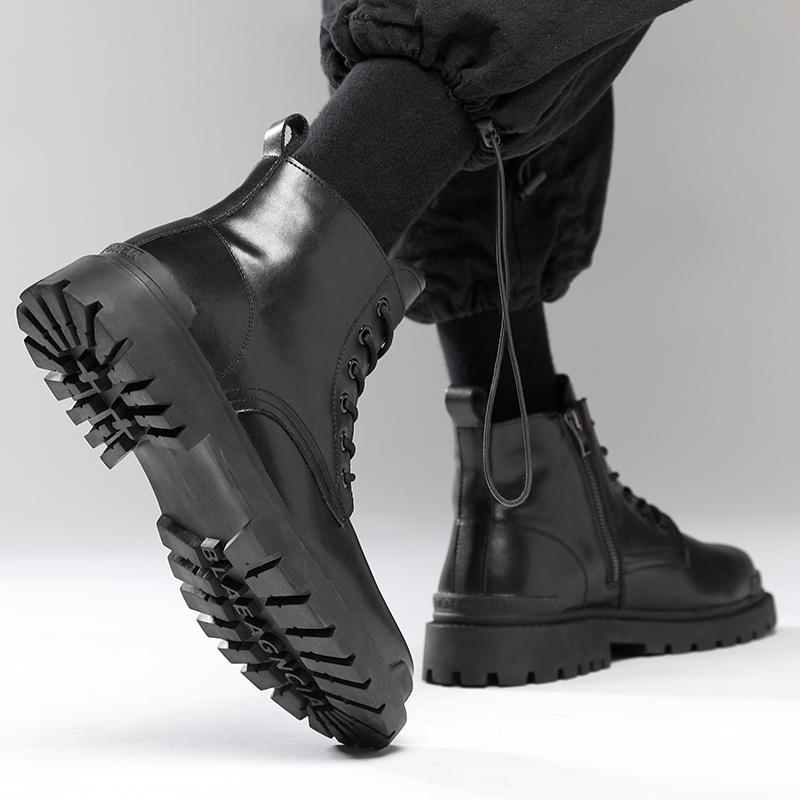 Fashion Ankle Boots Lace Up Block Round Toe Anti-slip Boots Thick Water Proof Men Boots Black Wear-resistant Short Men's Motorcycle Boot