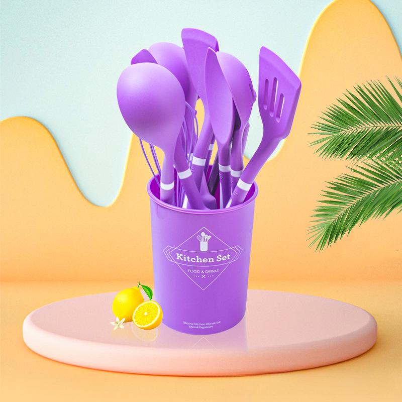 12 szt./zestaw silikonowych przyborów kuchennych z drewnianym uchwytem do przechowywania, wiadro odporne na wysokie temperatury i nieprzywierające, szpatułka do garnka, łyżka