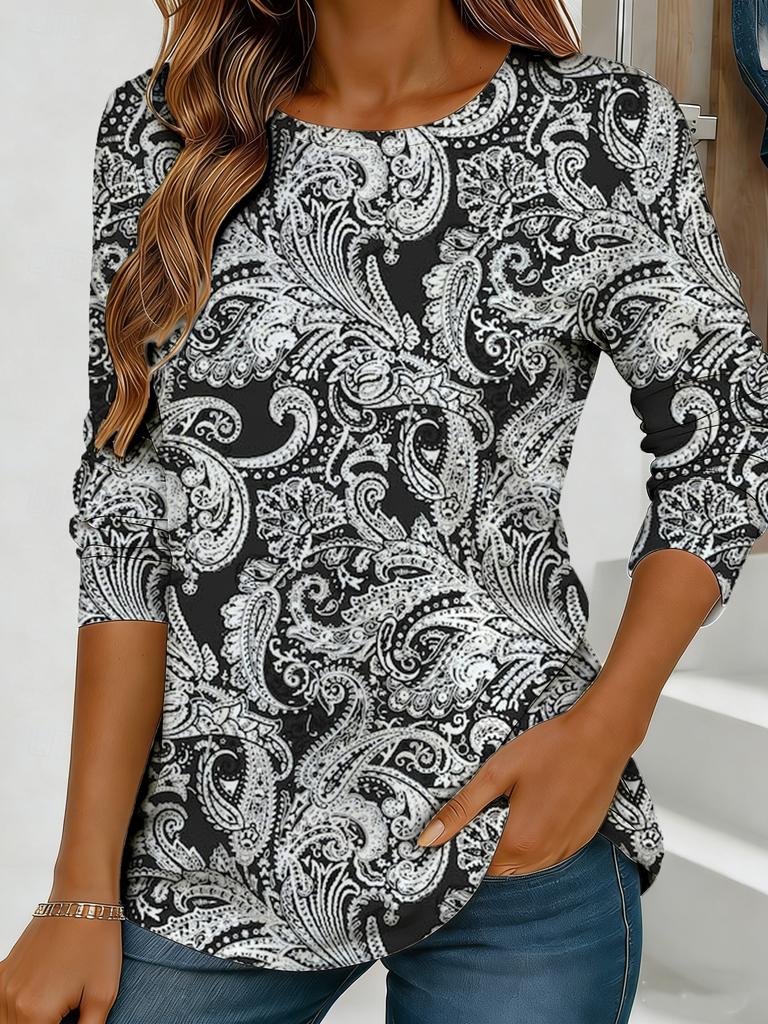 Top da donna blu-verde con stampa floreale, maniche lunghe, vestibilità ampia, girocollo, stile casual di tutti i giorni per la strada con design elegante.