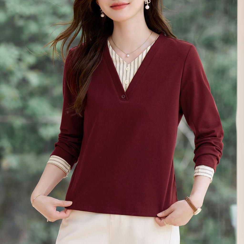 Women's V-Neck Layered Long-Sleeve T-Shirt: New 2026 Spring Style, Regular Fit, Fashionable Base Layer.