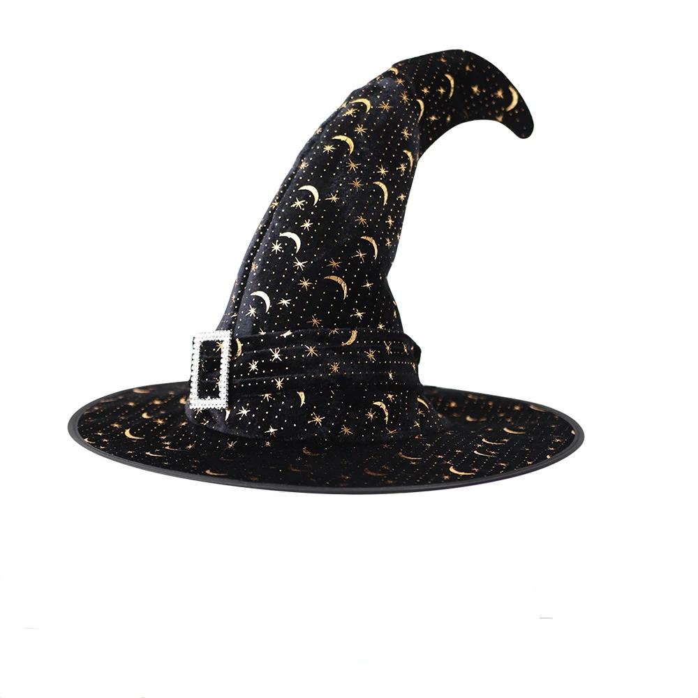 Halloween Children's Adult Dance Dress Up with Golden Velvet Cornered Hat, Elf Witch and Wizard Hat
