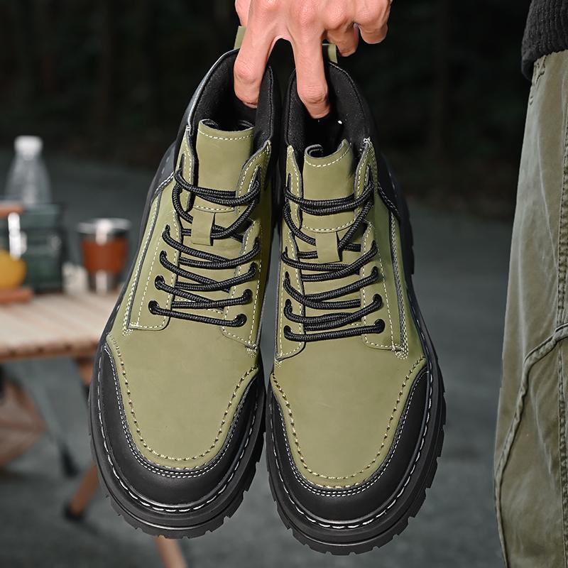 Nya Fritidsskor för Herrar, Gröna&Gråa Tooling Läderkängor med Valfritt Fleecefoder, Slitstark Plattformsstövel för Höst Vinter