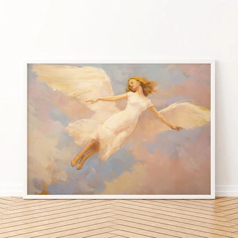 Vintage Angel Artwork | Pink Wall Art | Angelcore Aesthetic | Preppy Light Academia Print Frameless Canvas Art Posters