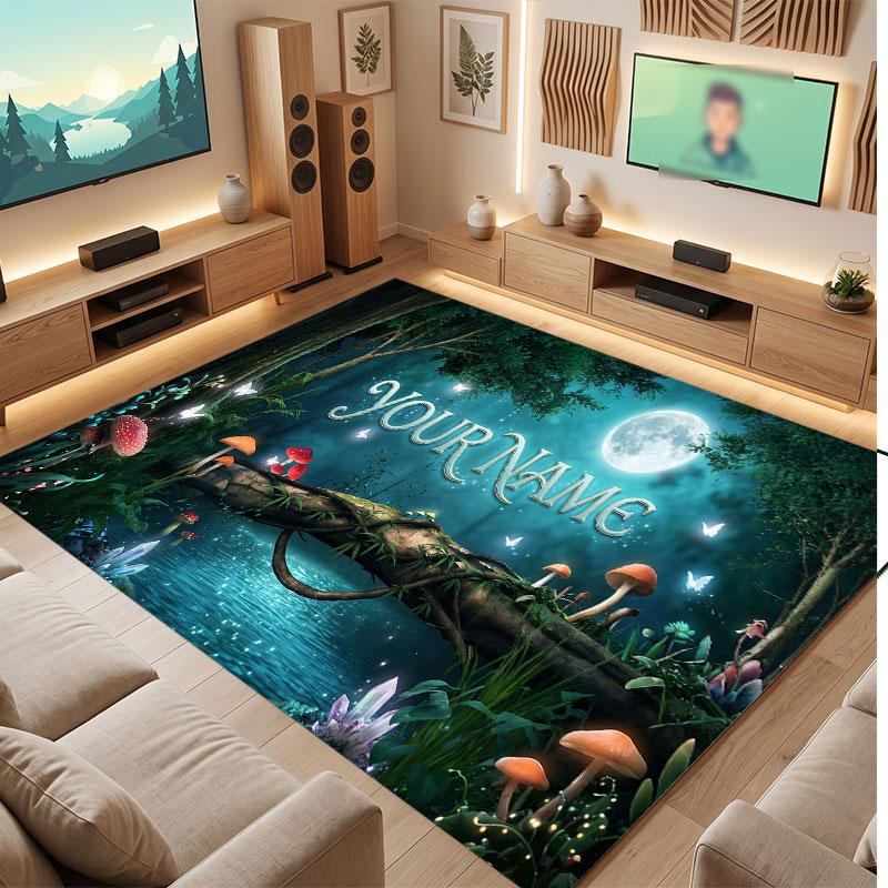 Mushroom Forest Theme Crystal Velvet Floor Rug Personalized Custom Name Text Warm Carpet Home Decoration