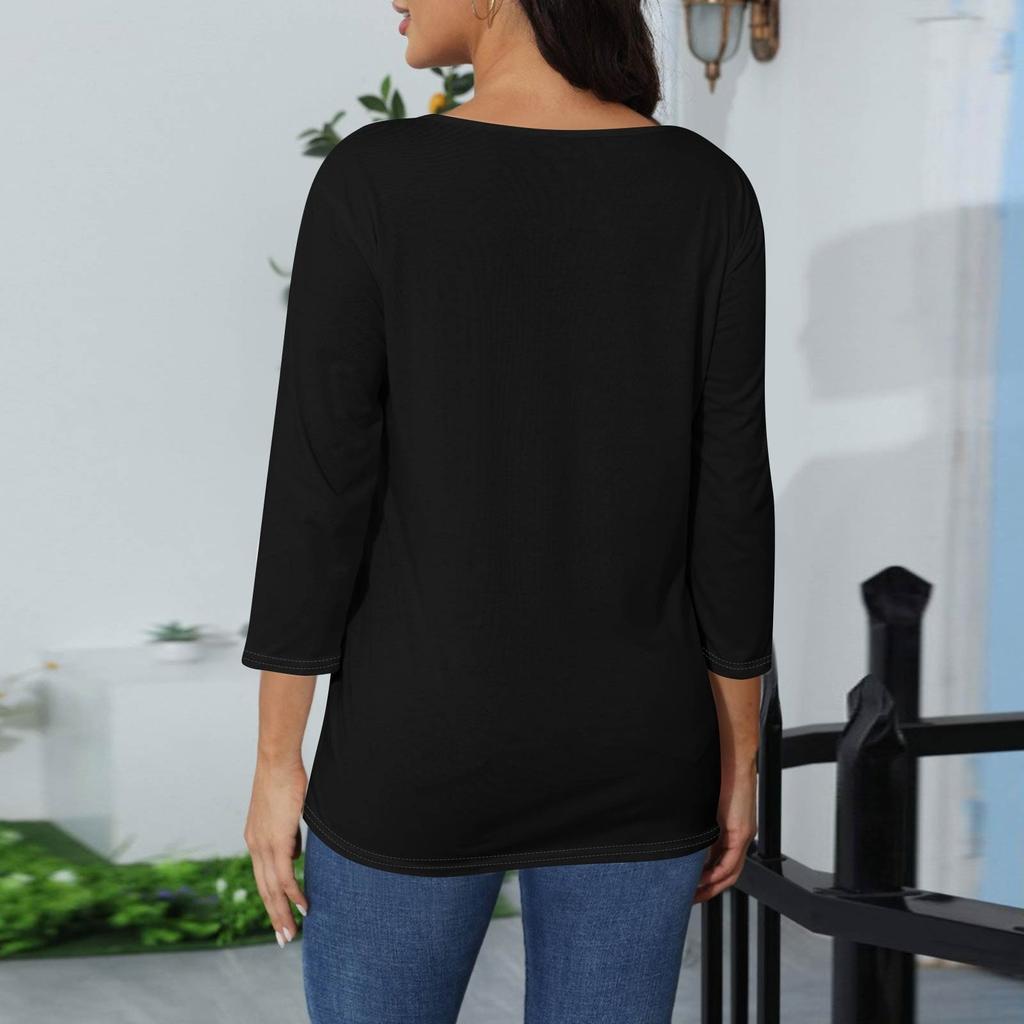Women's Fashion Loose Casual Seven 3/4 Sleeve Printed Round Neck Pullover Top