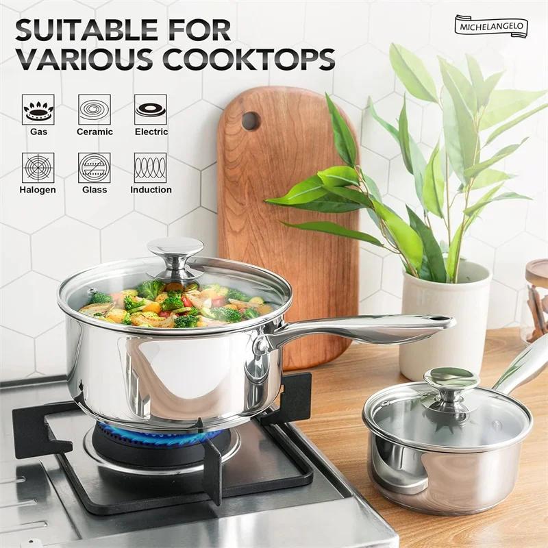 MICHELANGELO 3 Quart Saucepan with Glass Lid Stainless Steel Stew Pot Thick Bottom Stock Pots Induction Nonstick Sauce Pot