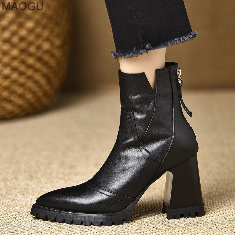 Retro Black Brown Women's Chunky Heel Ankle Boots Anti-slip Pointed Toe Platform Short Plush Booties Office Ladies Fashion Boots