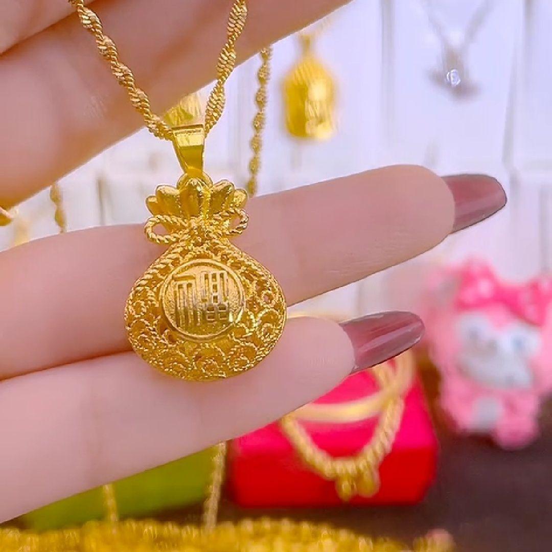 

Ожерелье-подвеска в виде мешочка с деньгами с иероглифом Фу с золотым покрытием - Женский роскошный ажурный дизайн Пряжка мира .