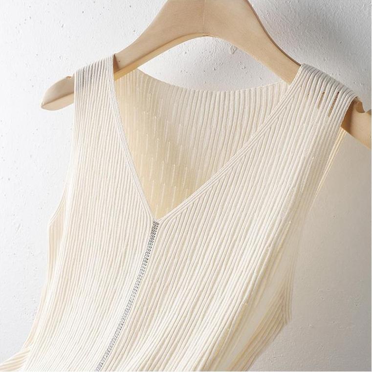 Ice Silk Suspender Tank Top Women's Bottom Coat Summer Short Loose Sleeveless White V-neck Knitted Casual Top