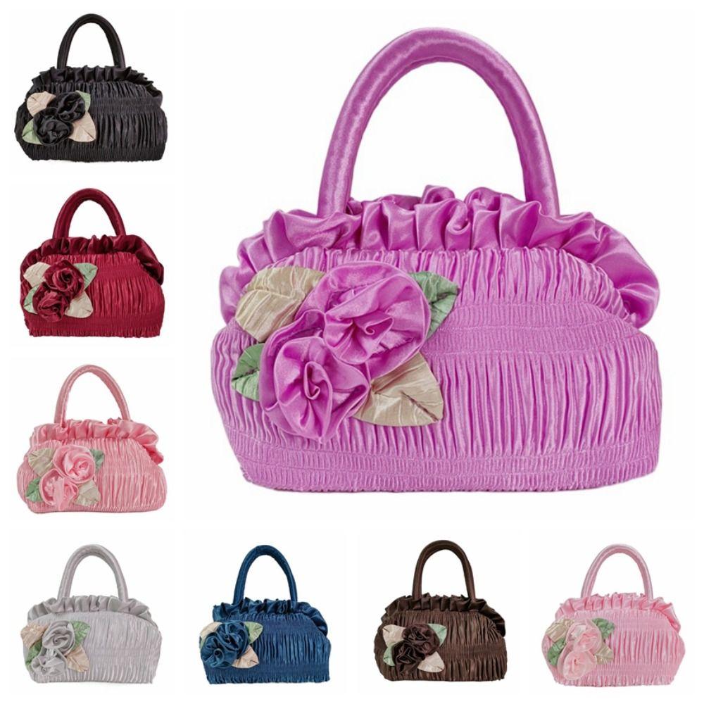Leaf Hanfu Rose Flower Handbag Satin Silk Bubble Zipper Flower Tote Bag Cosmetic Makeup Bag Mommy Bag Ethnic Style Wrist Bag