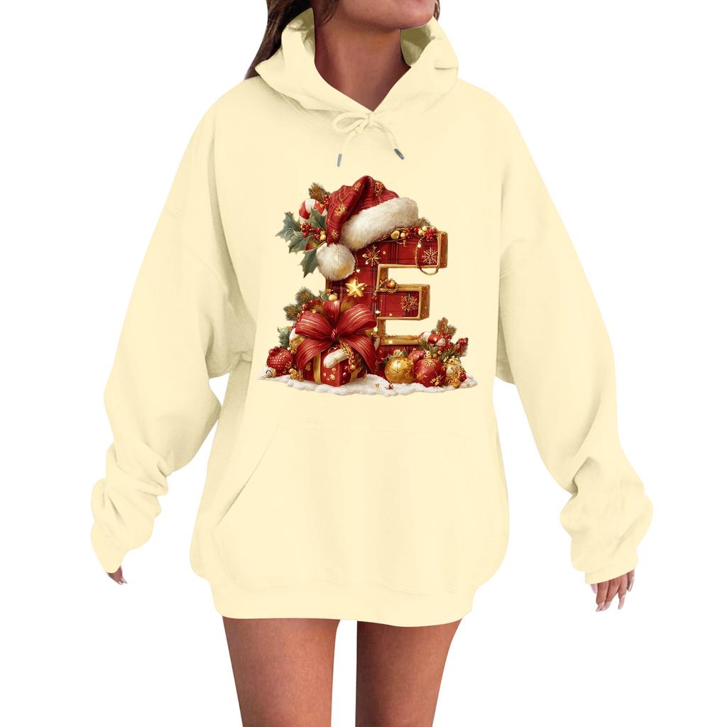 Women's Casual Comfortable Long-Sleeved Christmas Letter-Printed Warm Hooded Crew-Neck Sweatshirt