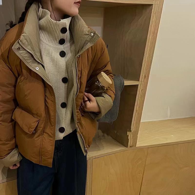 Contrasting color stand-up collar down jacket 2024 winter new loose fashion dopamine thickened warm bread jacket