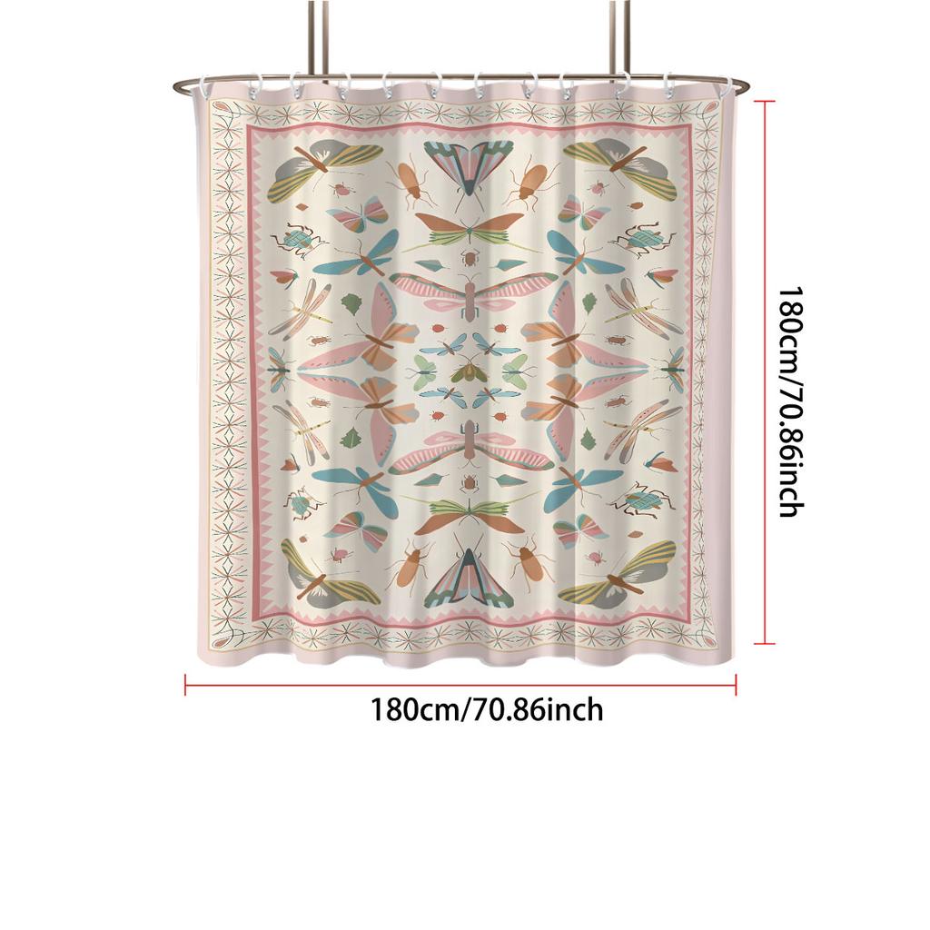 1Pc Colorful Insect Printed Waterproof Shower Curtain Partition Privacy Hanging Curtain, With 12 Hooks, Easy To Install