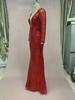 2025 Červené Třpytivé Šaty s Rybím Ocasem, Dlouhým Rukávem a Výstřihem do V pro Ženy