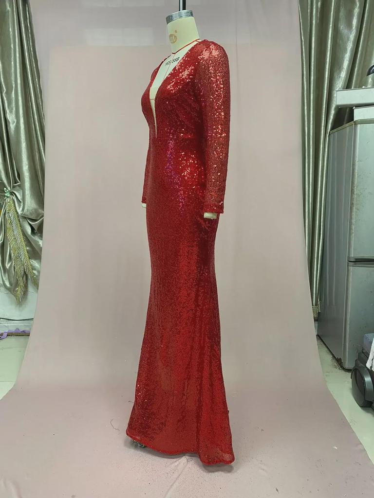 2025 Červené Třpytivé Šaty s Rybím Ocasem, Dlouhým Rukávem a Výstřihem do V pro Ženy