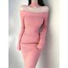 Herbst und Winter neues High-End-Temperament knielanges Kleid figurbetont innen mit rosa One-Shoulder-Strickkleid