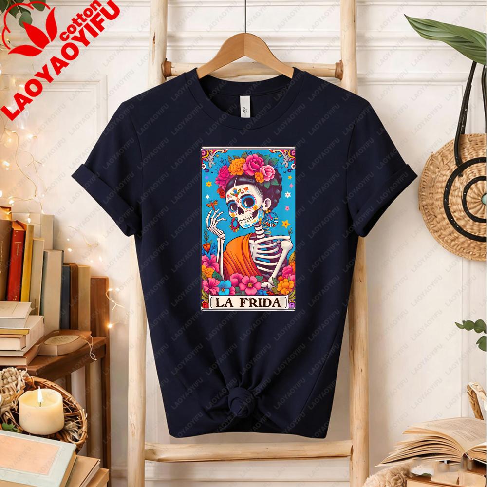 Muertos Day of The Dead Mexican Art Halloween Sugar Skull Tarot Card TShirt Frida Gift for Culture Casual Regular Short Sleeve