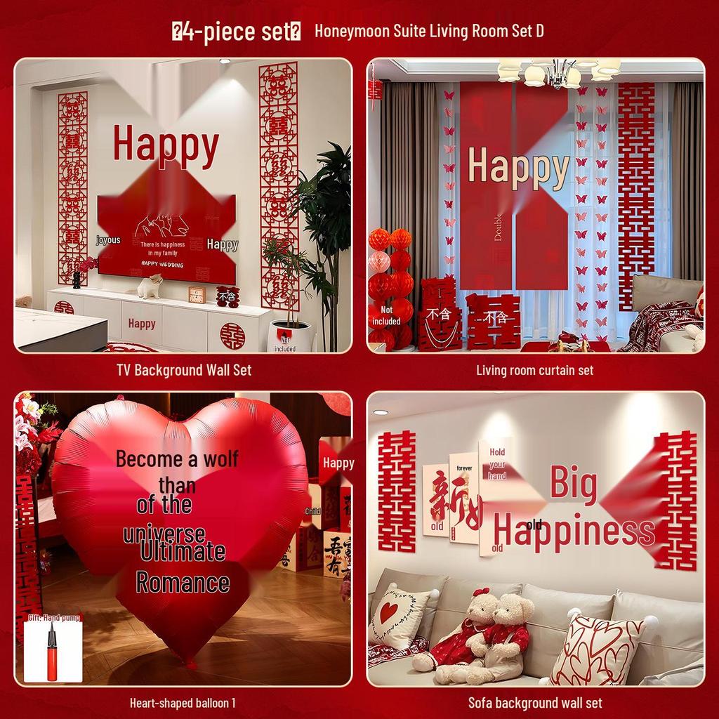 Wedding Room Décor Set: Bride & Groom Bedside Background with Pull Flowers & Double Happiness KT Board