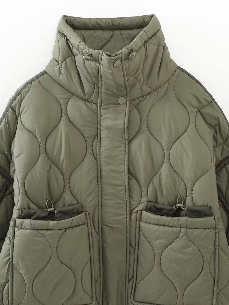 Stand Collar Loose Quilted Cotton Jacket for Women