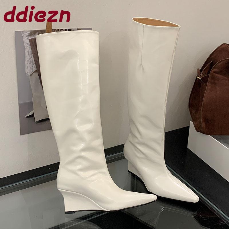 Fashion Fashion Pointed Toe Modern Ladies Knee High Boots With Wedges Shoes Female Slip On Footwear Women Long Boots Heeled Shoes Pumps