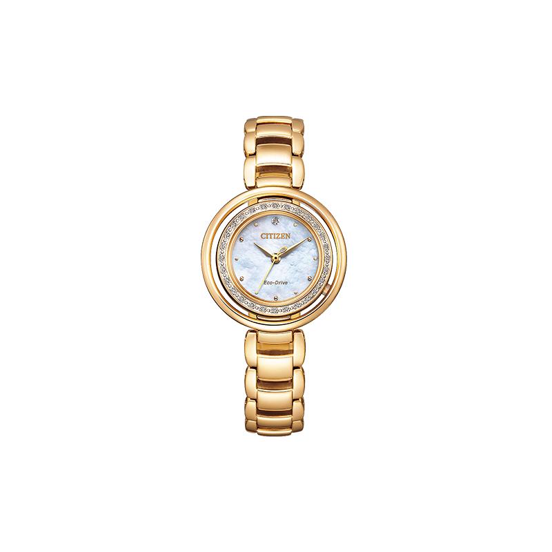 

CITIZEN 50 meters waterproof, solar Quartz, Steel Strap, , 30.5mm women s watch, mother-of-pearl dial EM0902-53D синій