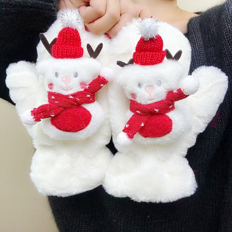 Women's Cute Snowman Plush Mittens - Warm, Fluffy, Windproof for Autumn/Winter