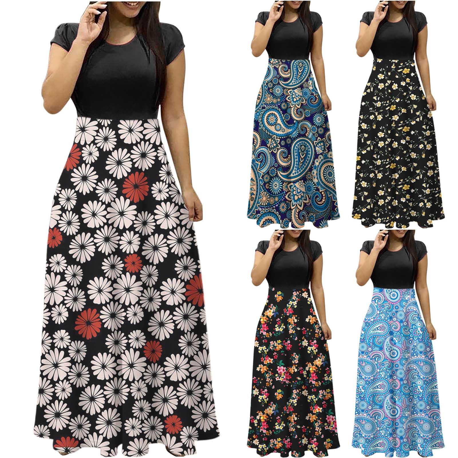 

Модное женское летнее платье с принтом и круглым вырезом с коротким рукавом и длинным рукавом