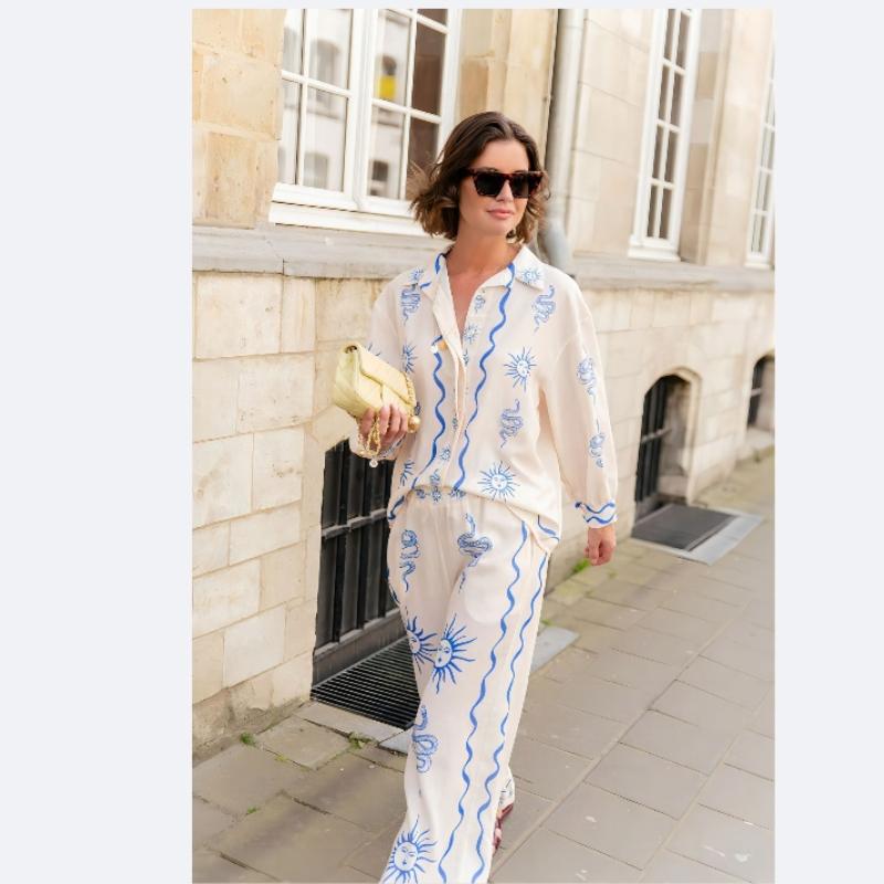 Women's Fashion Linen Personality Printed Macaron Color Long-sleeved Shirt Suit