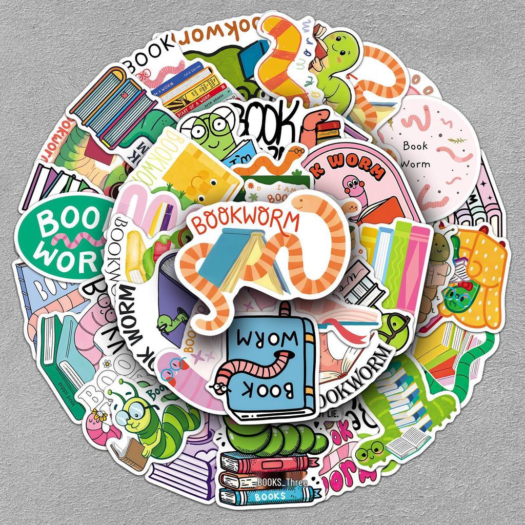 50 BookWorm Cartoon Stickers: Childlike Caterpillar Design for Books, Storage Boxes, and Planners