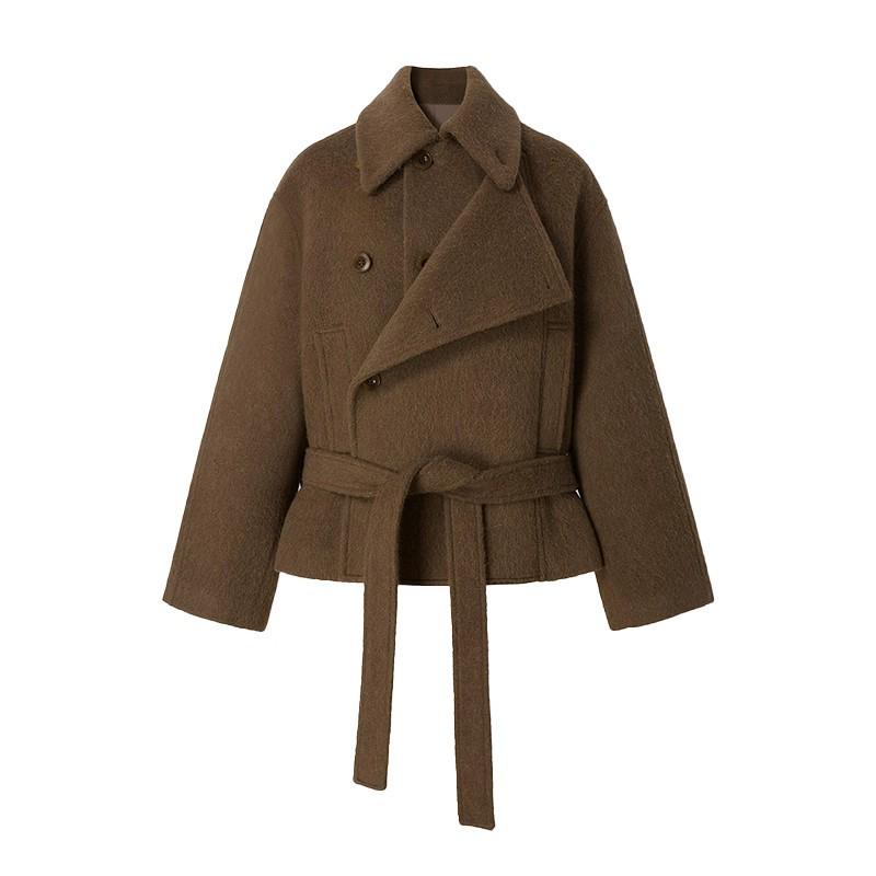 2025 Women's Brown Woolen Stand-Up Collar Coat: Petite, Thickened, High-End Feel for Autumn/Winter