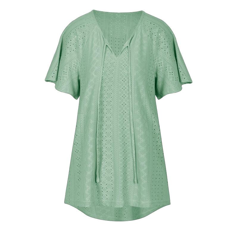 Spring Summer New Solid V-Neck Lace Up Short Sleeved T-shirt