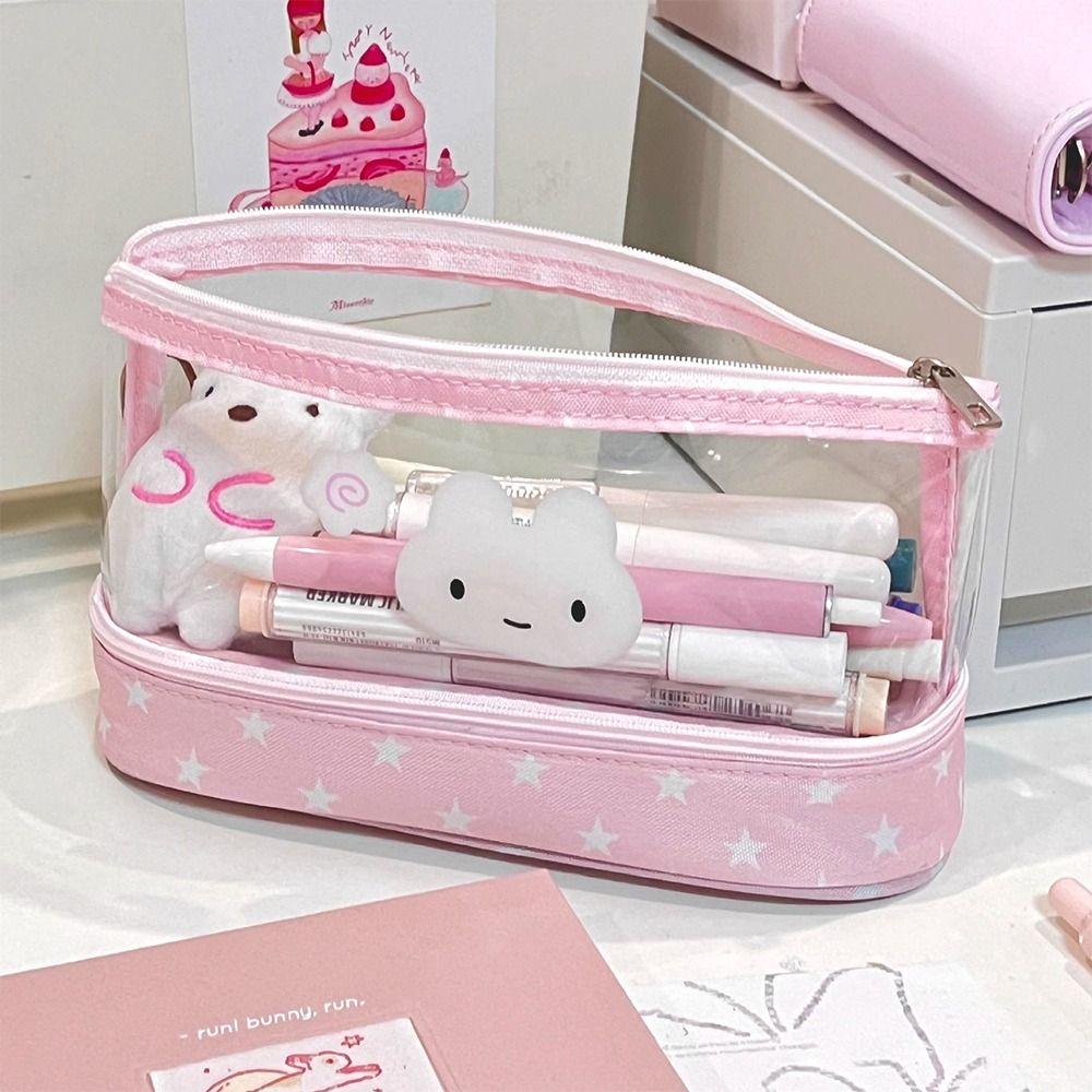 Pink Star Rabbit Pattern Pen Bag Double Layers Stationery Storing Bag Stationery Bag Students