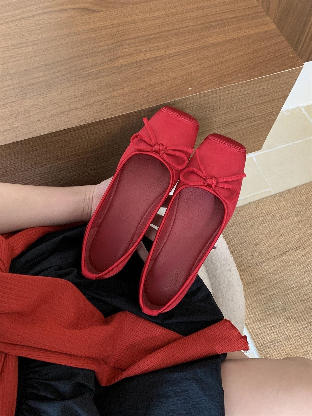 

Нежный вечерний ветер балетки 2025 французский милый бант туфли бабушки квадратный носок мелкий вырез внутренняя платформа одинарные туфли 40