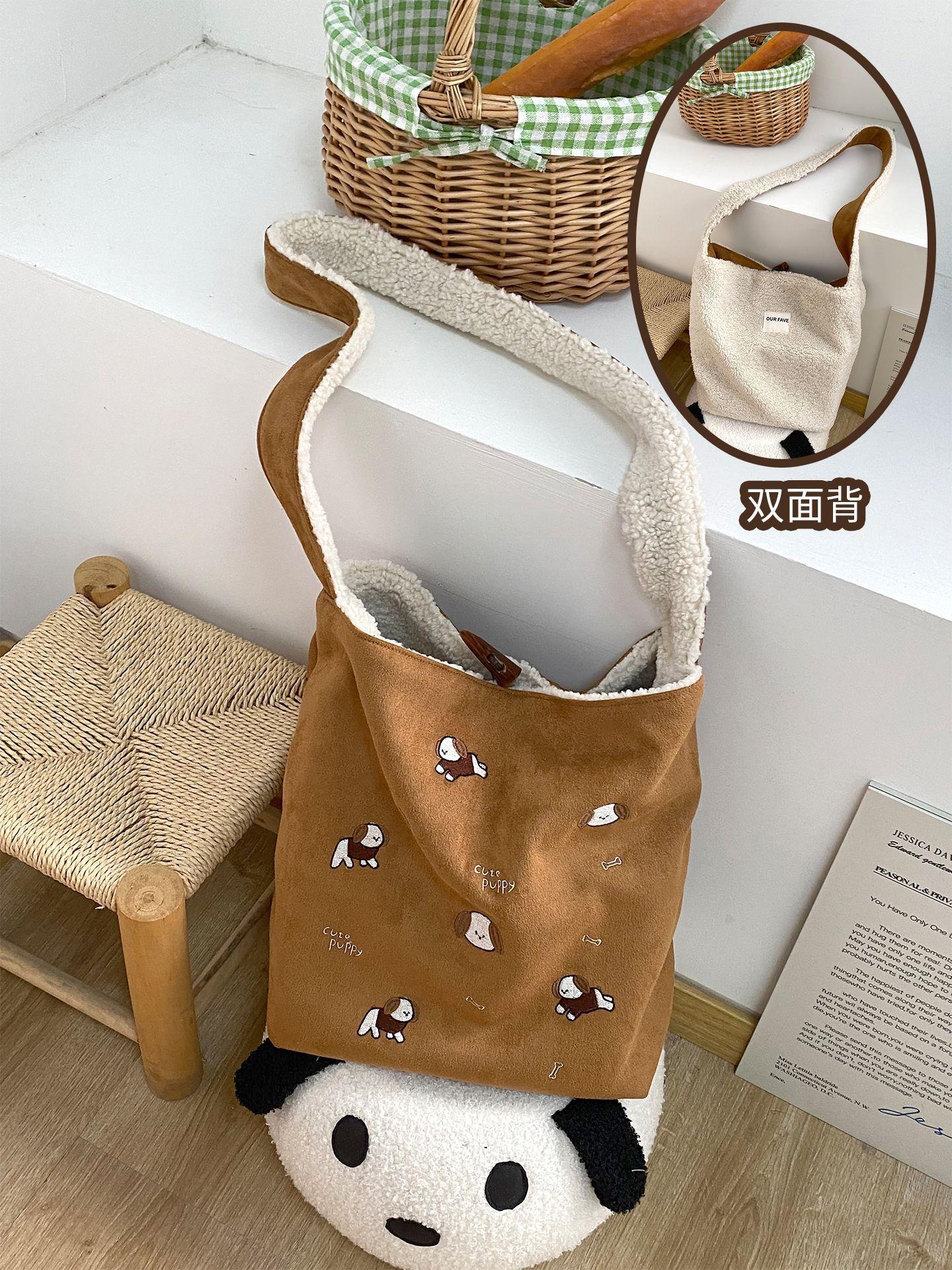 

Vintage Faux Suede Women s Plush Shoulder Bags Embroidery Double Sided Casual Tote Handbags Girls Travel Large Crossbody Bag