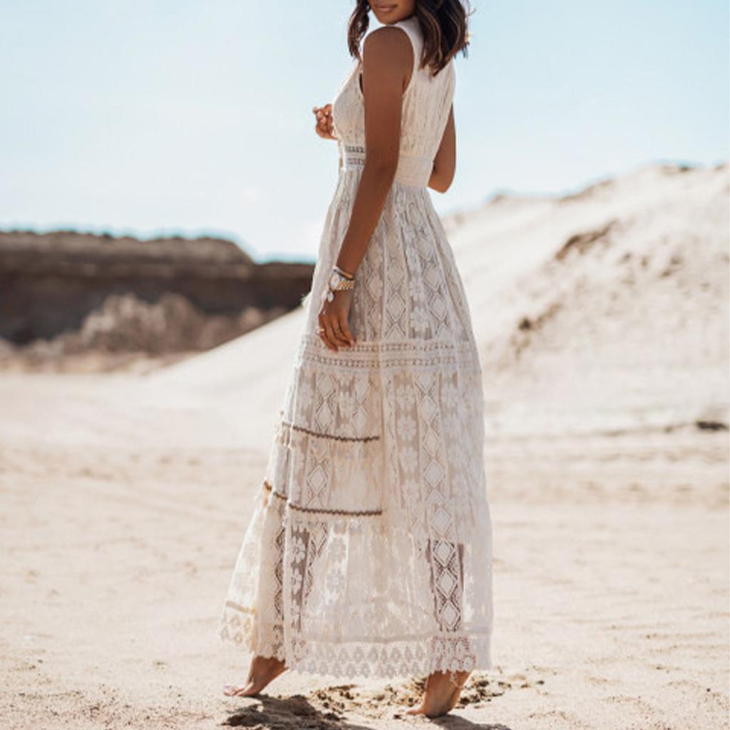 Vestido largo bohemio de verano con temperamento, vestido de mujer con dobladillo grande y retazos de encaje