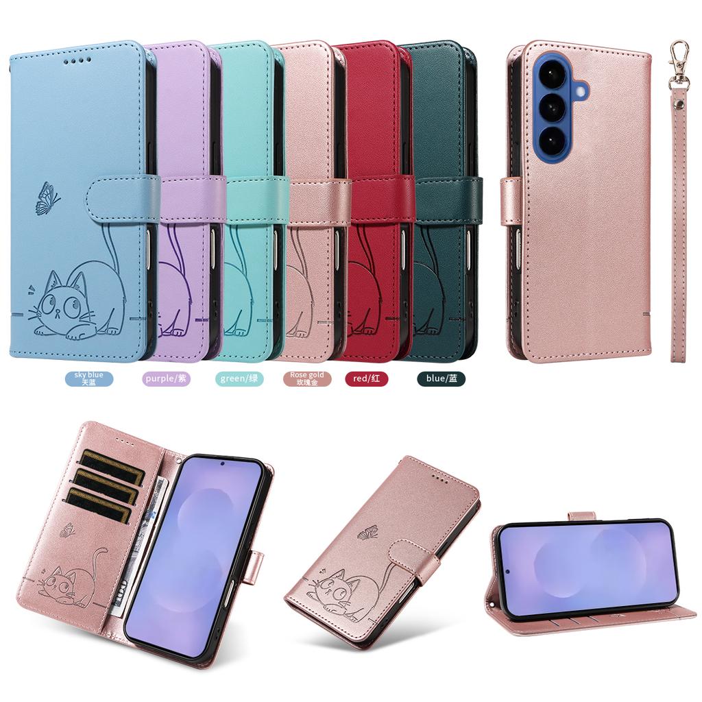 Magnetic Card Solt Wallet Leather Embossed Little Cat Phone Case For Samsung S26 Ultra S25 Plus A16 A57 A17 A07 Bag Pocket Cover