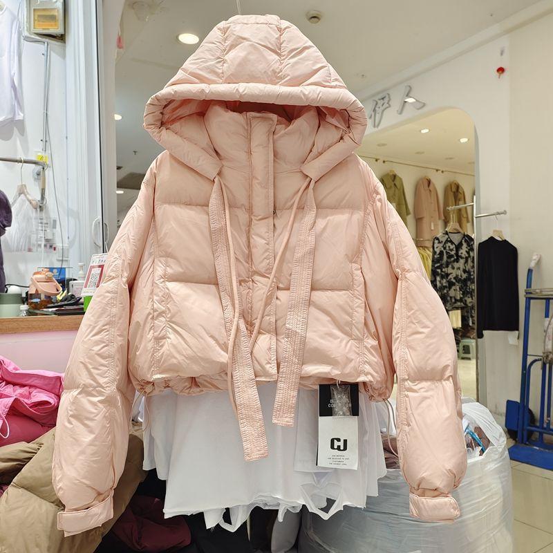 2026 Winter Womens Loose Cotton Puffer Hooded Coat Drawstring Hem Short Warm Jacket