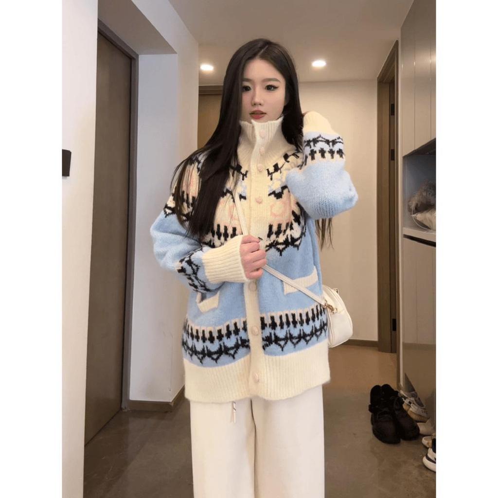 2024 Women's Fair Isle Jacquard Cardigan: Cozy Turn-Down Collar, Loose Fit for Autumn/Winter