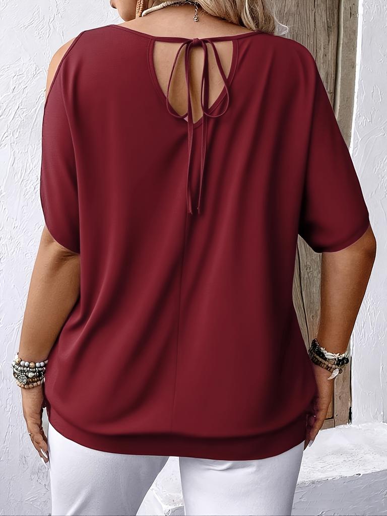 Women's Round Neck Elegant Off-Shoulder Tie-Back Print Top