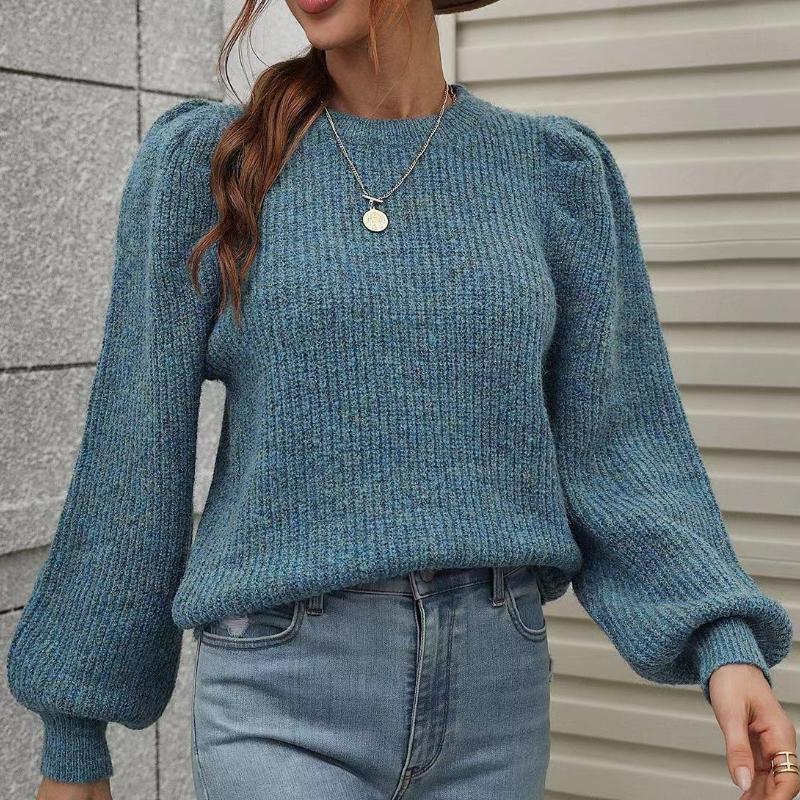 IHUASU Autumn and Winter Patchwork O-Neck Knit Women's Long Sleeve Pleated Loose Sweater