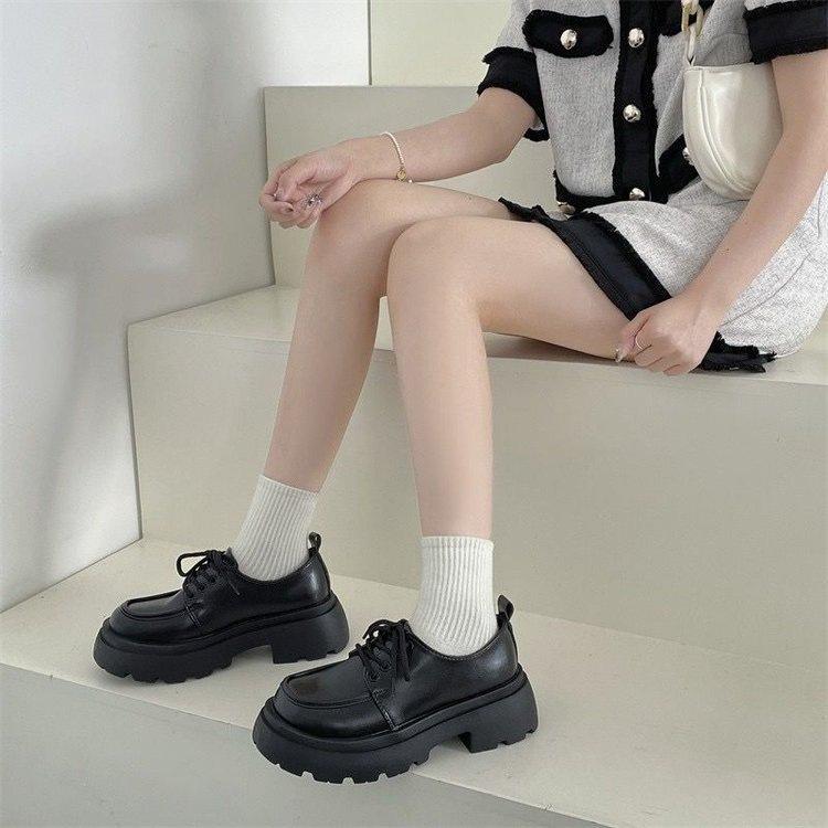Black platform lace-up small leather shoes spring and summer students new retro British style Japanese jk shoes