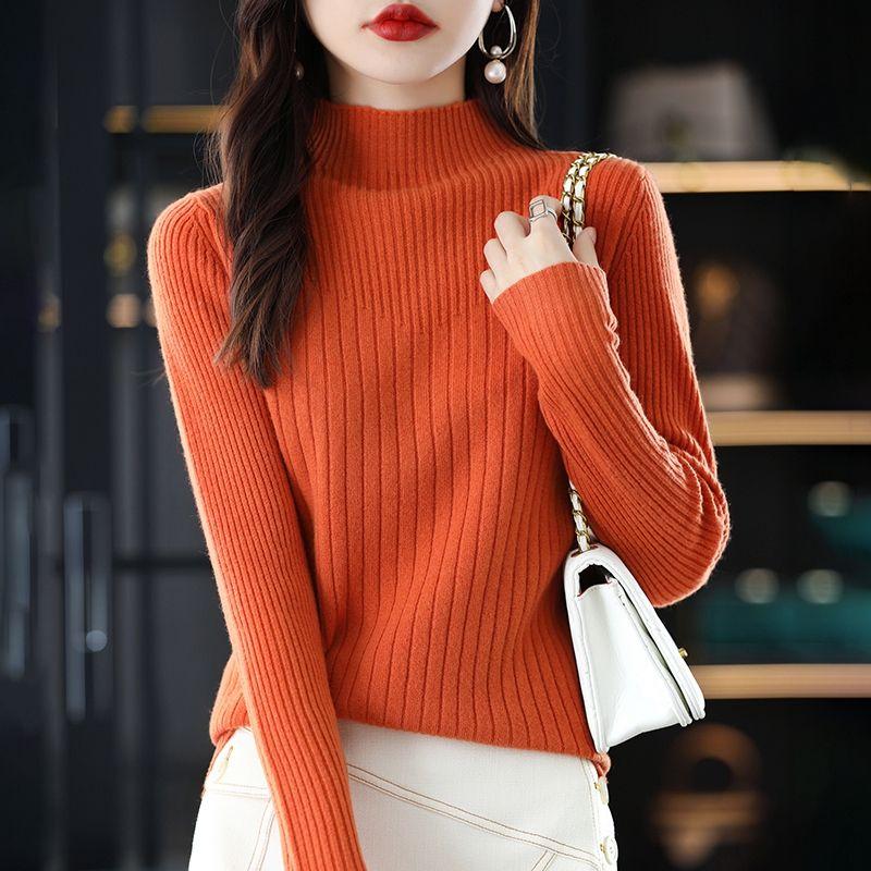 Damski sweter z długim rękawem, dzianinowa warstwa bazowa, golf, pulower, styl koreański, krótki sweter, jesień zima