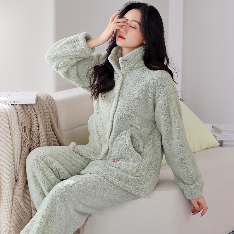 Pajamas Winter Women'S Coral Fleece Winter Flannel Autumn And Winter Loungewear Set