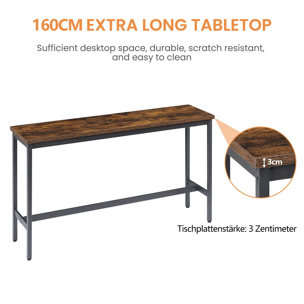Long Bar Table with 3 Padded PU Bar Stools, Industrial Bar Table for the Kitchen, Breakfast Room, Living Room, Banquet Hall, Rustic Brown and Black